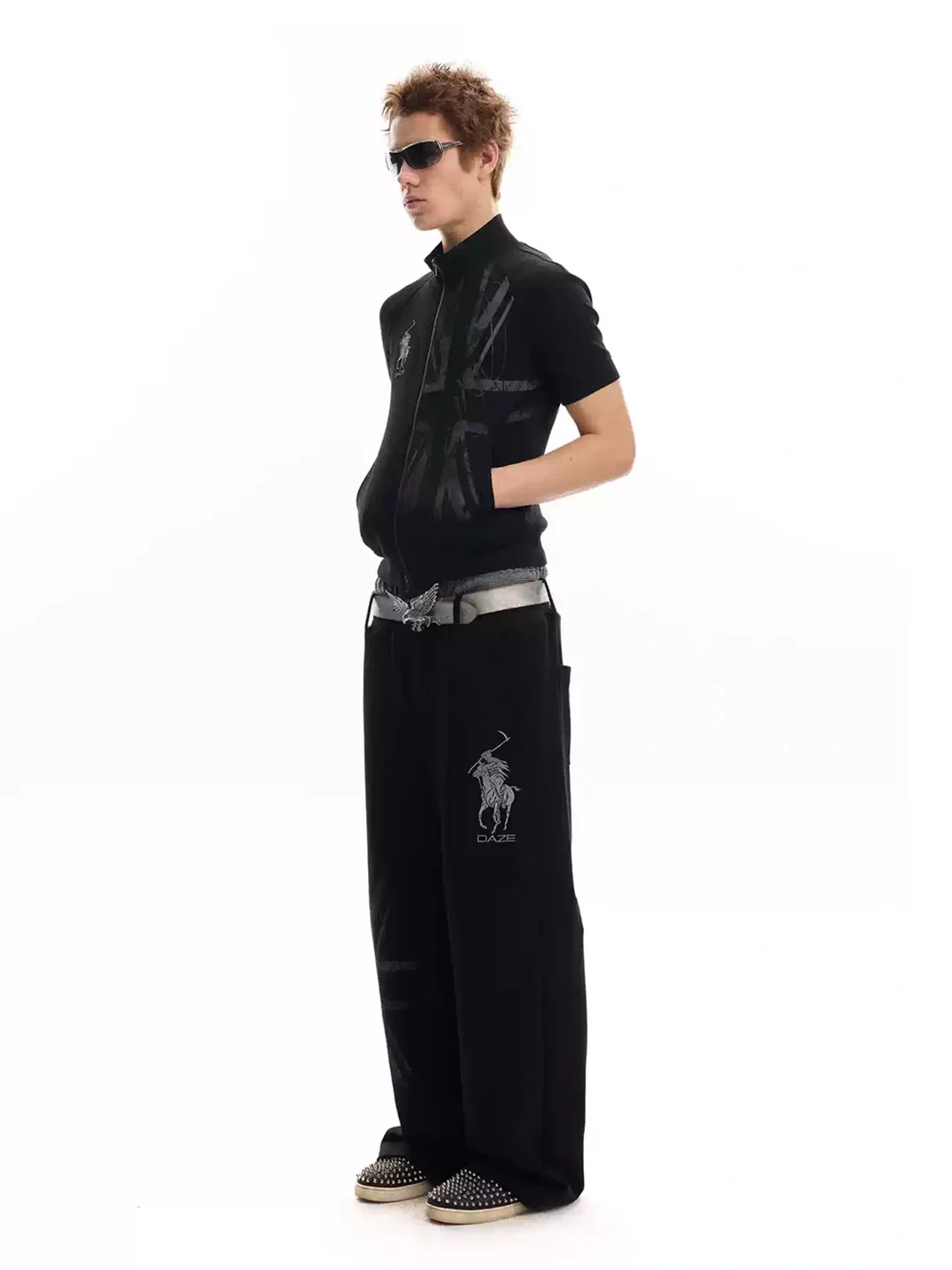 no E mosen | Union Jack Embroidered Baggy Wide-Leg Sweatpants