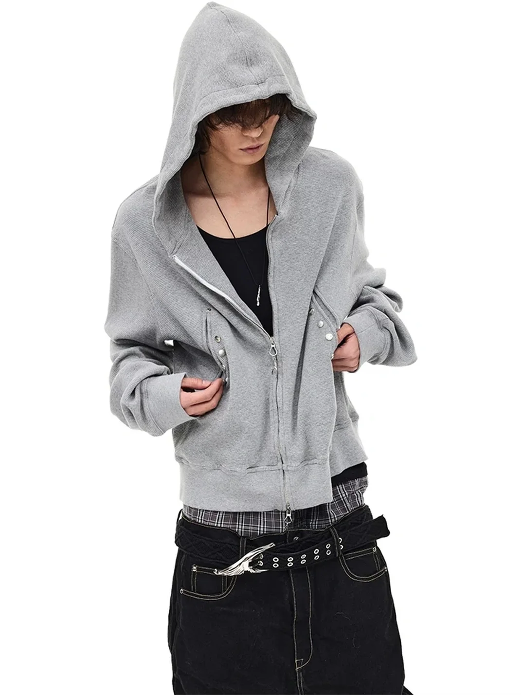 WHISTLEHUNTER | Distressed Waffle Knit Rivet Zip Hoodie