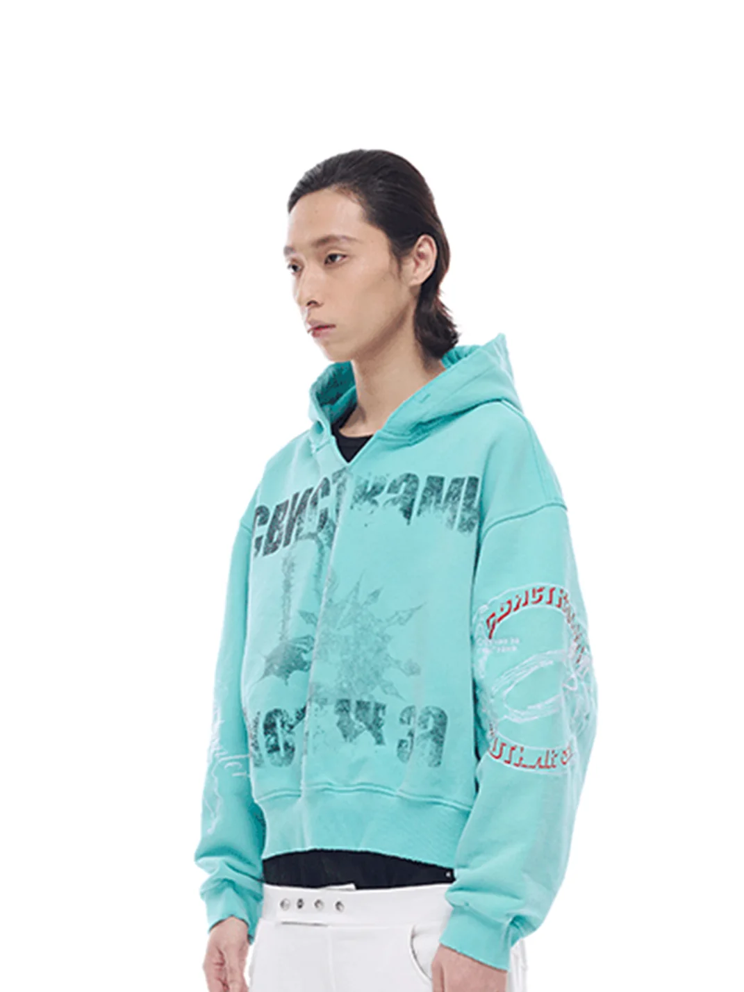 WHISTLEHUNTER | Distressed Embroidered V-Neck Hooded Cropped Sweatshirt