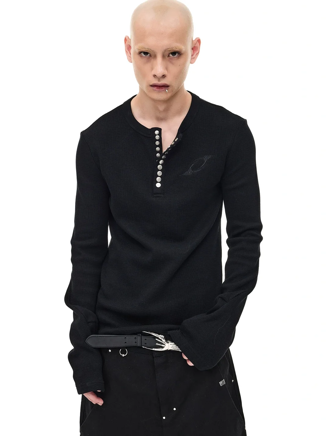 WHISTLEHUNTER | Custom Button Waffle Henley Long Sleeve T-Shirt