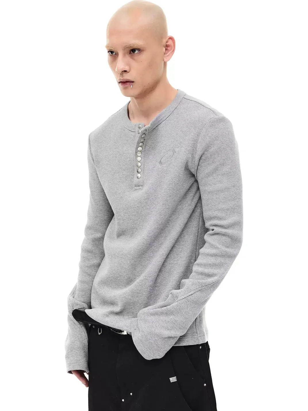 WHISTLEHUNTER | Custom Button Waffle Henley Long Sleeve T-Shirt