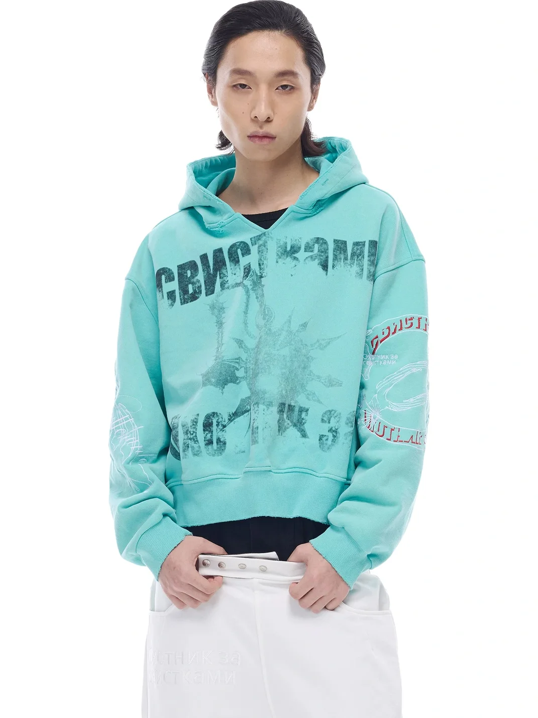WHISTLEHUNTER | Distressed Embroidered V-Neck Hooded Cropped Sweatshirt