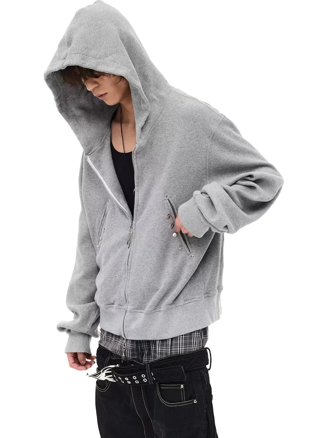 WHISTLEHUNTER | Distressed Waffle Knit Rivet Zip Hoodie