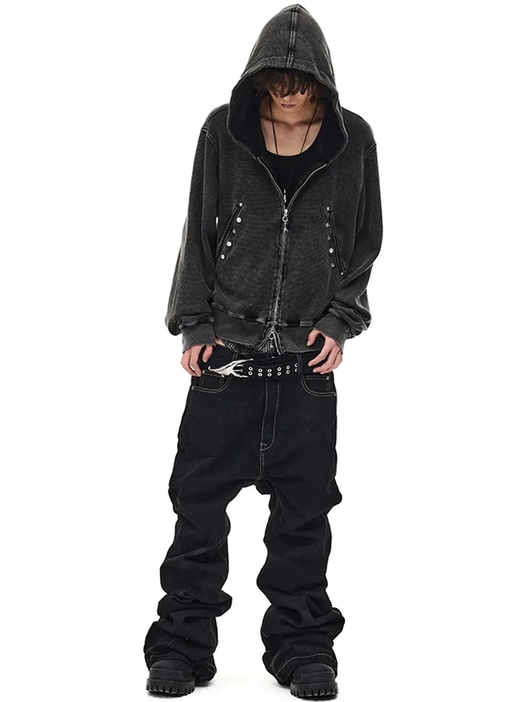 WHISTLEHUNTER | Distressed Waffle Knit Rivet Zip Hoodie