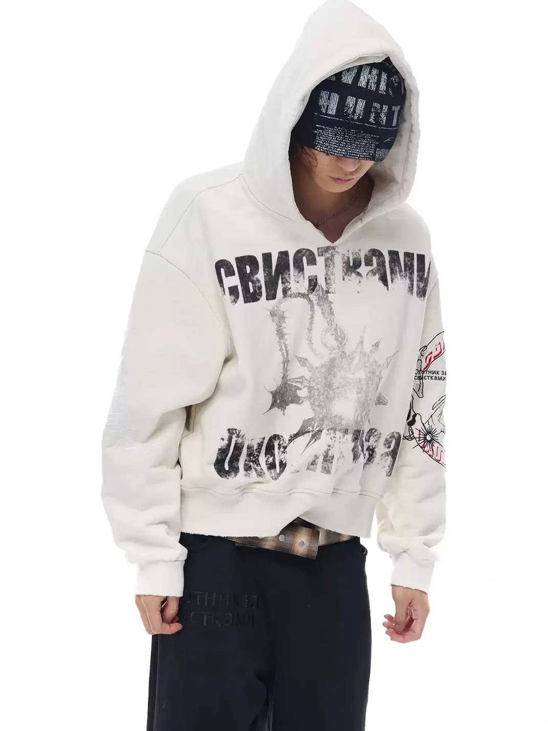 WHISTLEHUNTER | Distressed Embroidered V-Neck Hooded Cropped Sweatshirt
