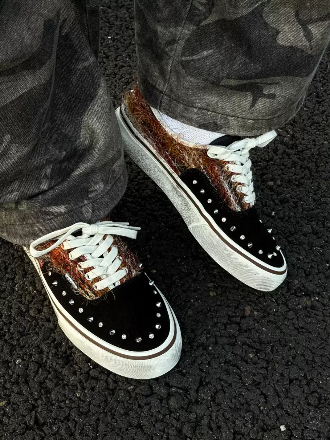 ZDZZFT | Studded Rhinestone Mohair Punk Distressed Low-Top Sneakers