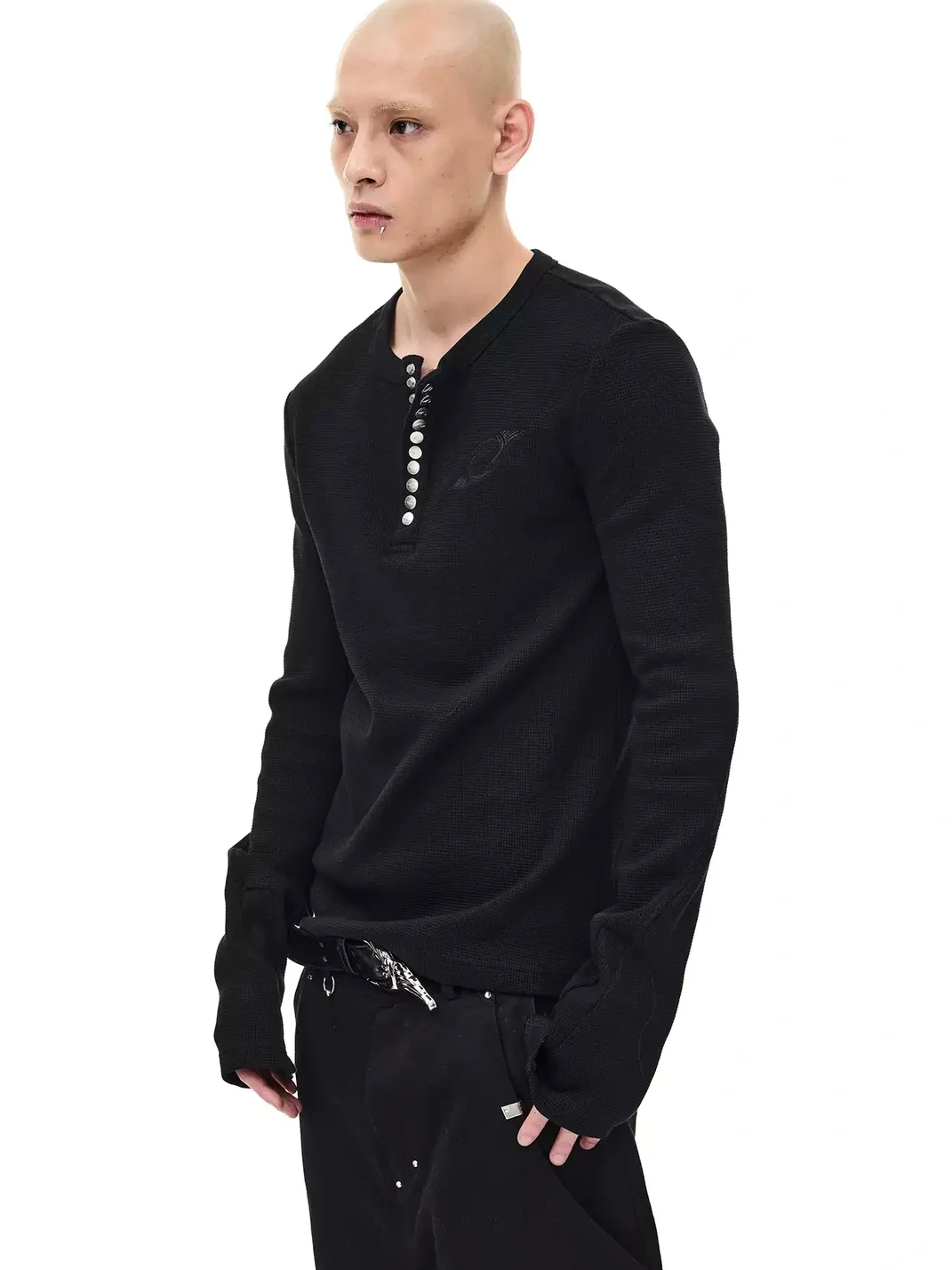 WHISTLEHUNTER | Custom Button Waffle Henley Long Sleeve T-Shirt