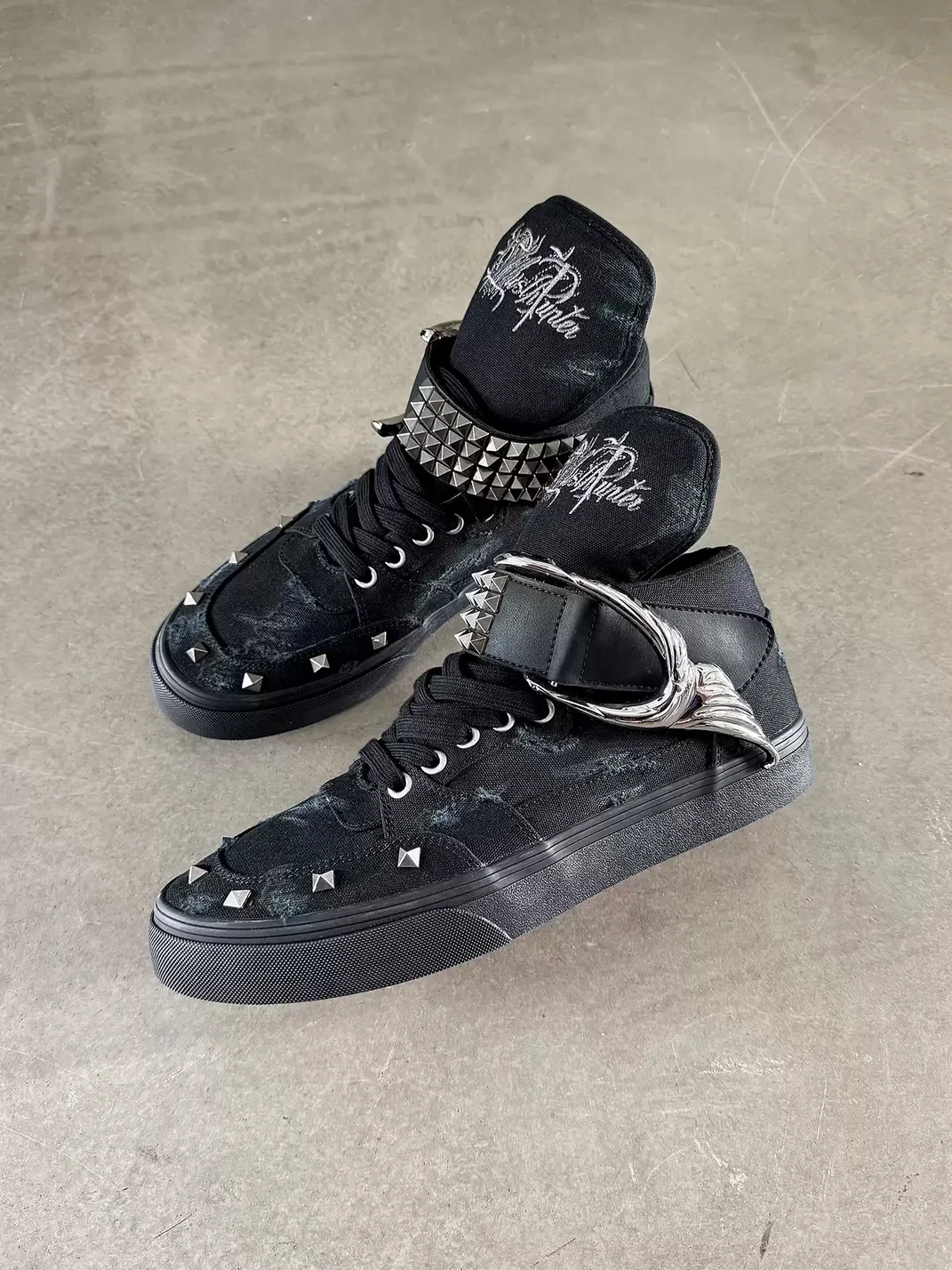 WHISTLEHUNTER | Distressed Studded High-Top Canvas Sneakers