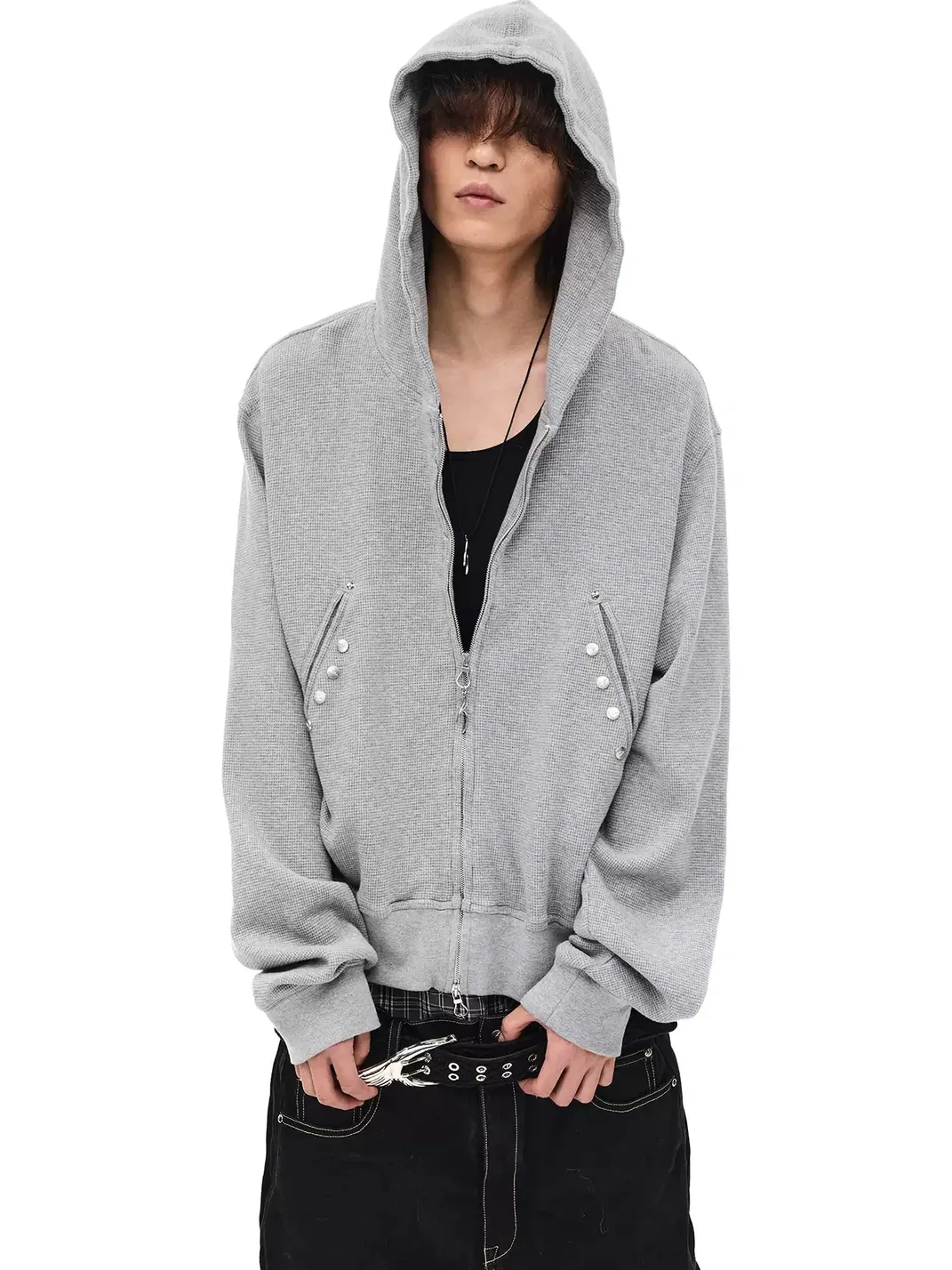 WHISTLEHUNTER | Distressed Waffle Knit Rivet Zip Hoodie