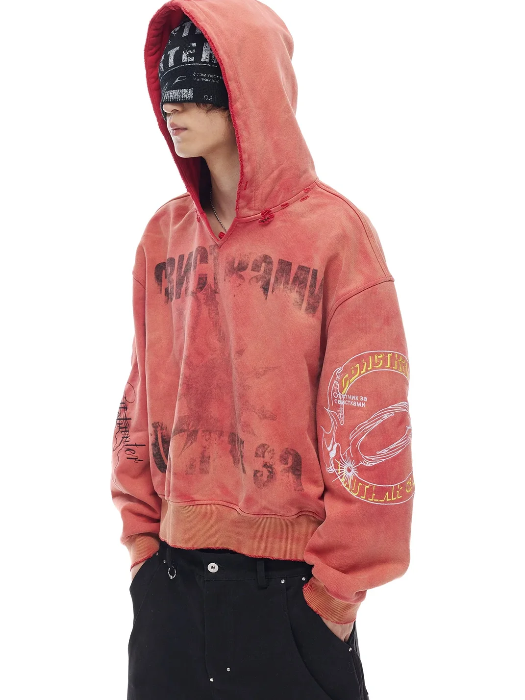 WHISTLEHUNTER | Distressed Embroidered V-Neck Hooded Cropped Sweatshirt