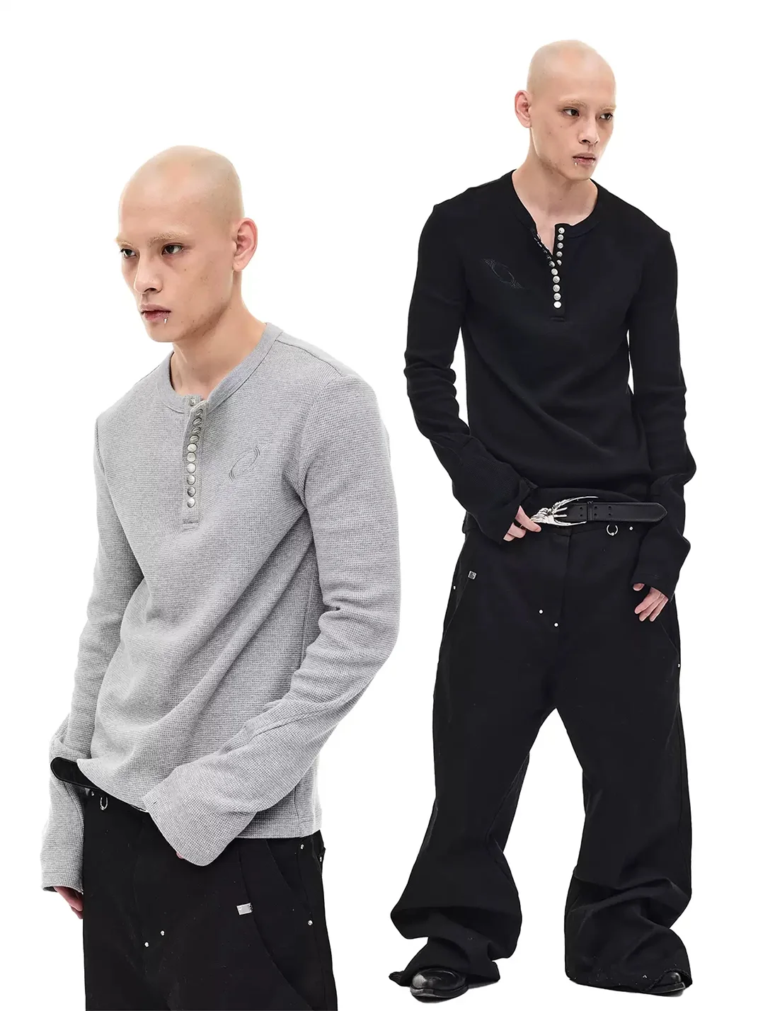 WHISTLEHUNTER | Custom Button Waffle Henley Long Sleeve T-Shirt