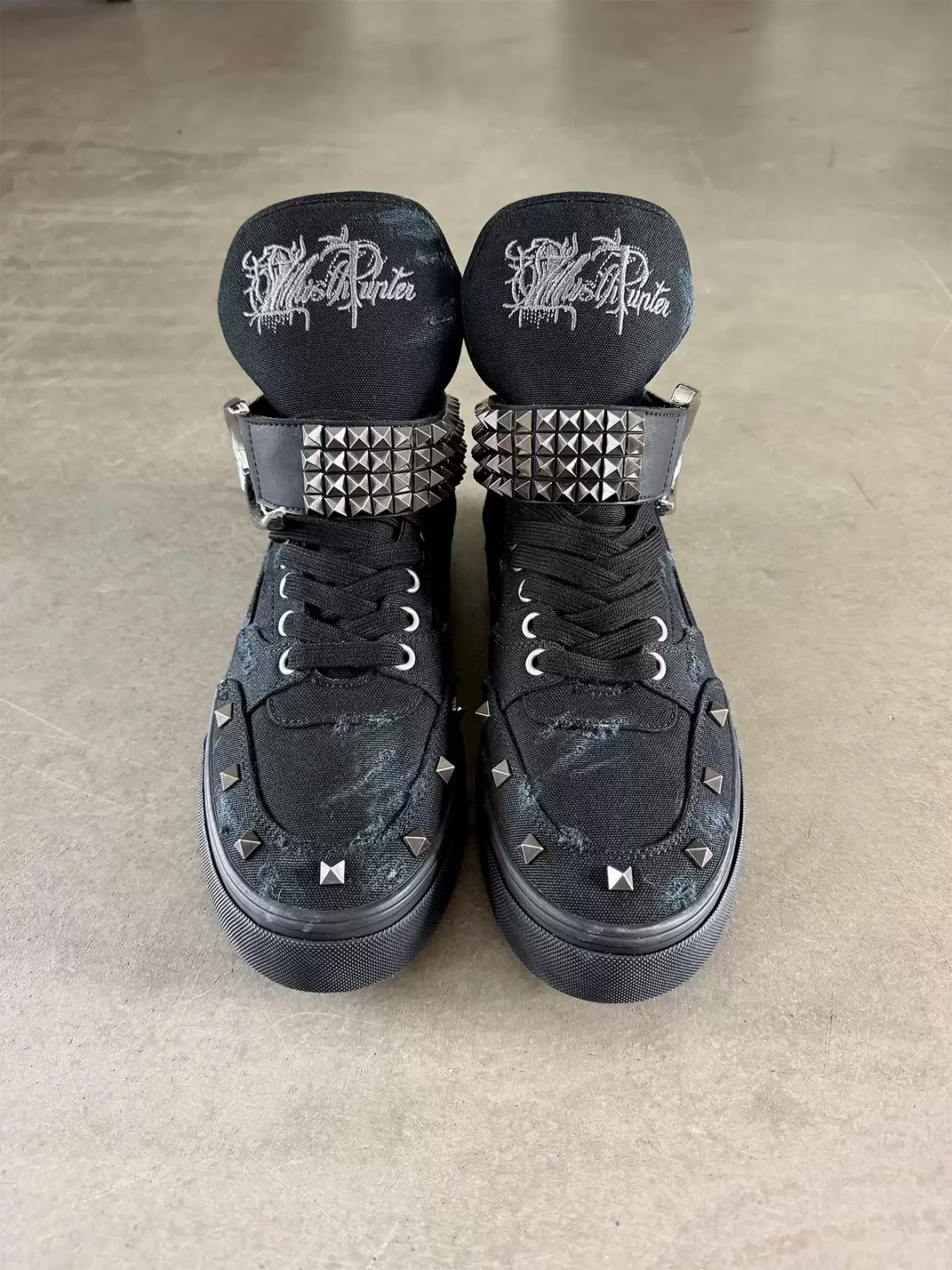 WHISTLEHUNTER | Distressed Studded High-Top Canvas Sneakers