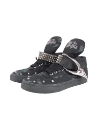 WHISTLEHUNTER | Distressed Studded High-Top Canvas Sneakers