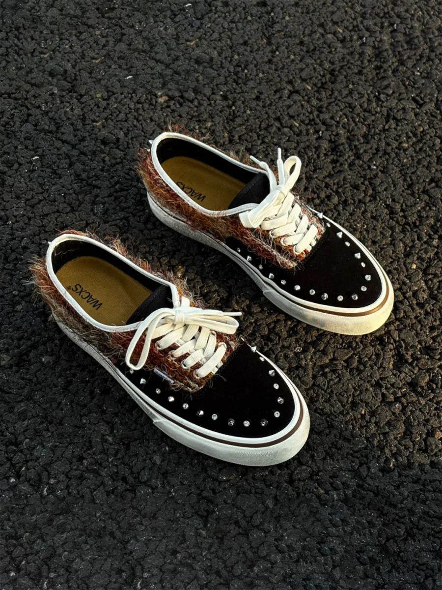 ZDZZFT | Studded Rhinestone Mohair Punk Distressed Low-Top Sneakers - 4