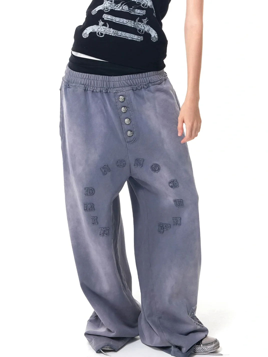 HAS2SONS | Washed Patch Embroidered Wide-Leg Sweatpants