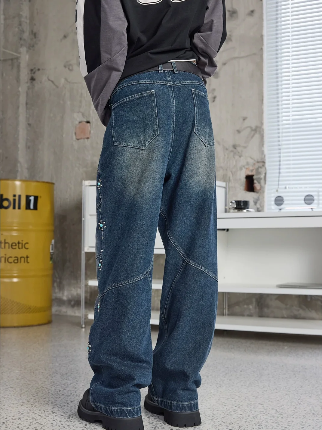 ERROR CODE robot | Turquoise Studded Loose Straight Leg Jeans