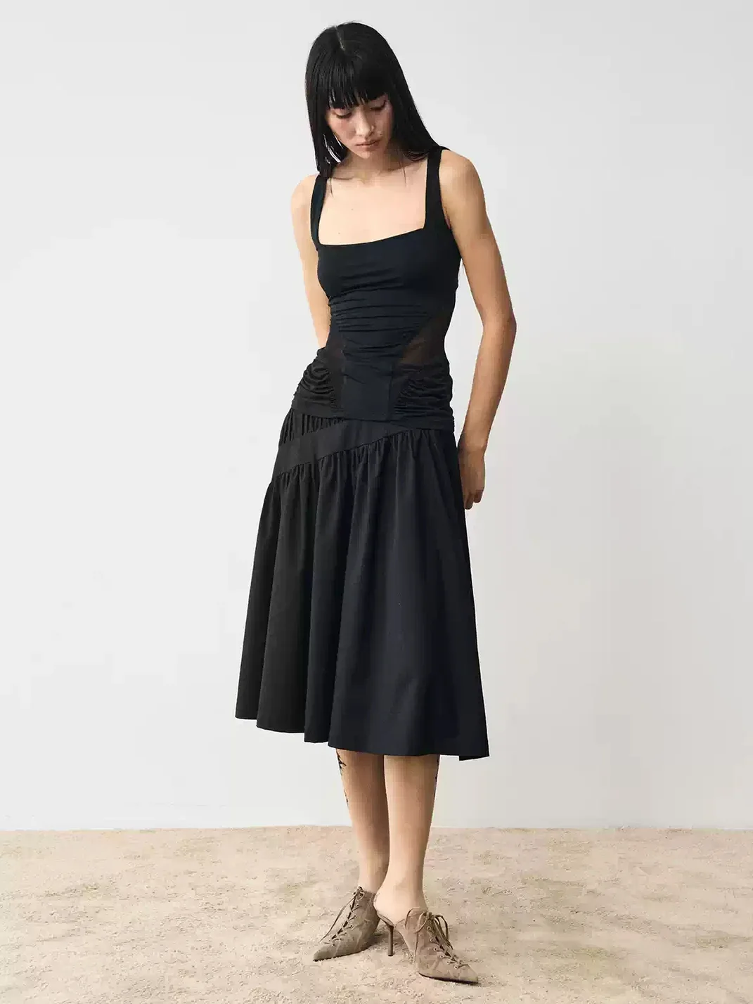 Popoop | Ruched Mesh Panel Backless Sleeveless Top