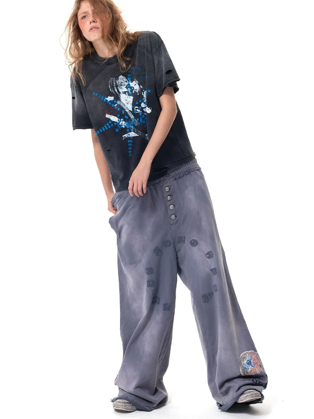 HAS2SONS | Washed Patch Embroidered Wide-Leg Sweatpants