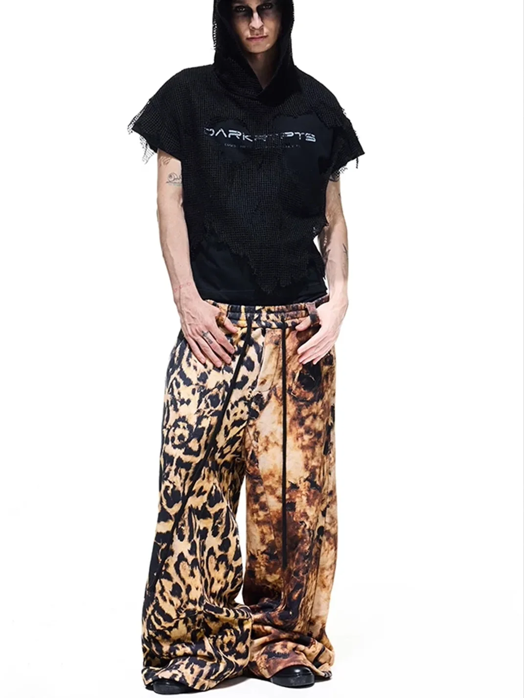 DARKRTPTS | Distressed Leopard Print Drawstring Wide Leg Sweatpants