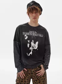 PasET | Distressed Striped Layered Long Sleeve T-Shirt