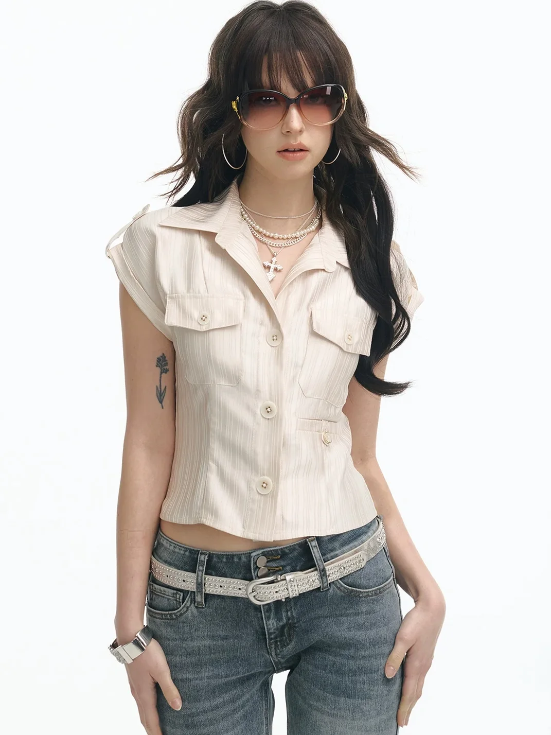 SereneEase | Cropped Satin Striped Pocket Shirt