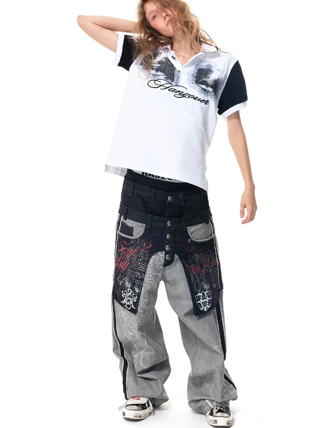 HAS2SONS | Double Waist Wide Leg Printed Selvedge Jeans
