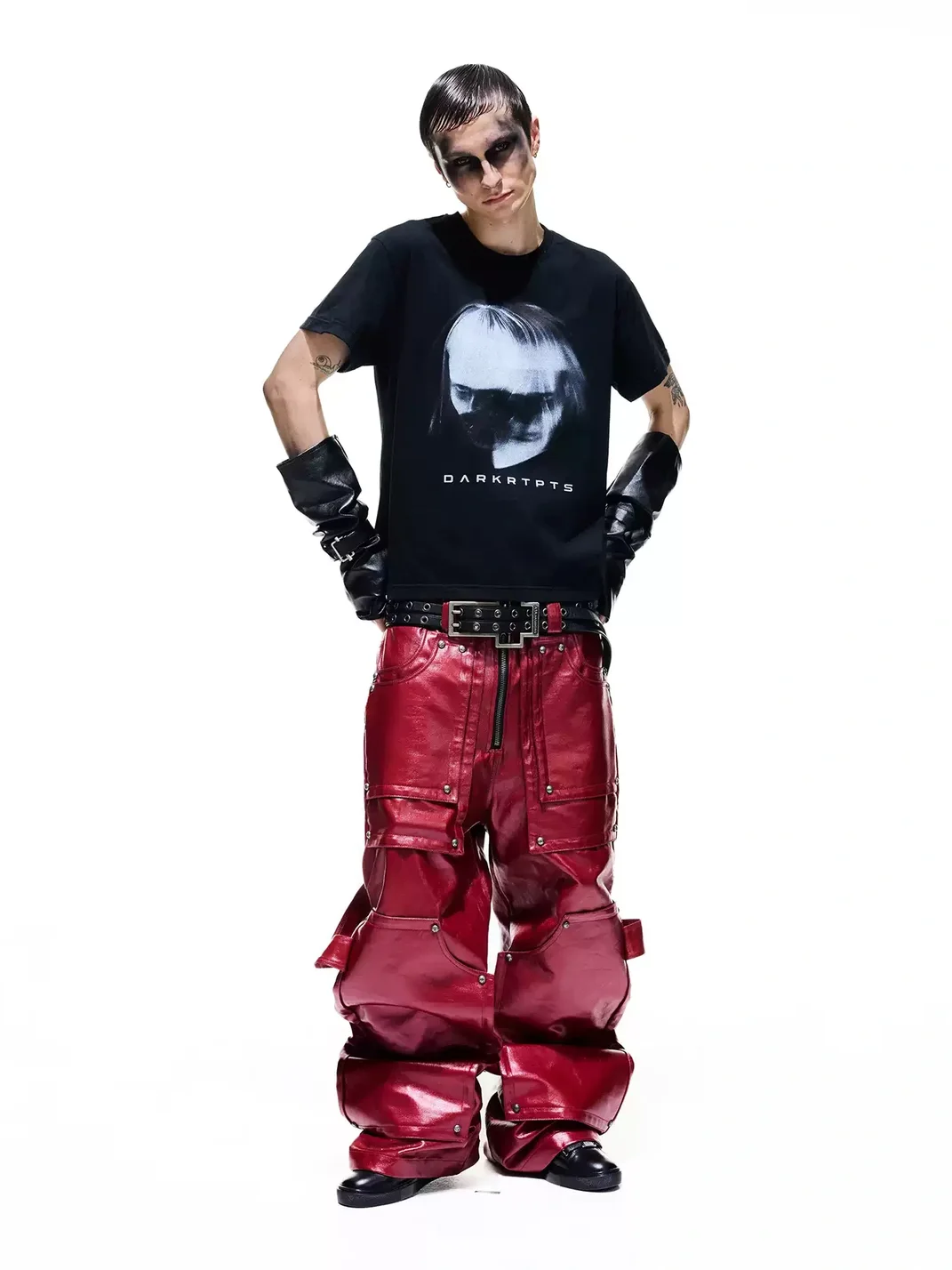 DARKRTPTS | Liquid Metal Coated Studded Wide-Leg Cargo Pants