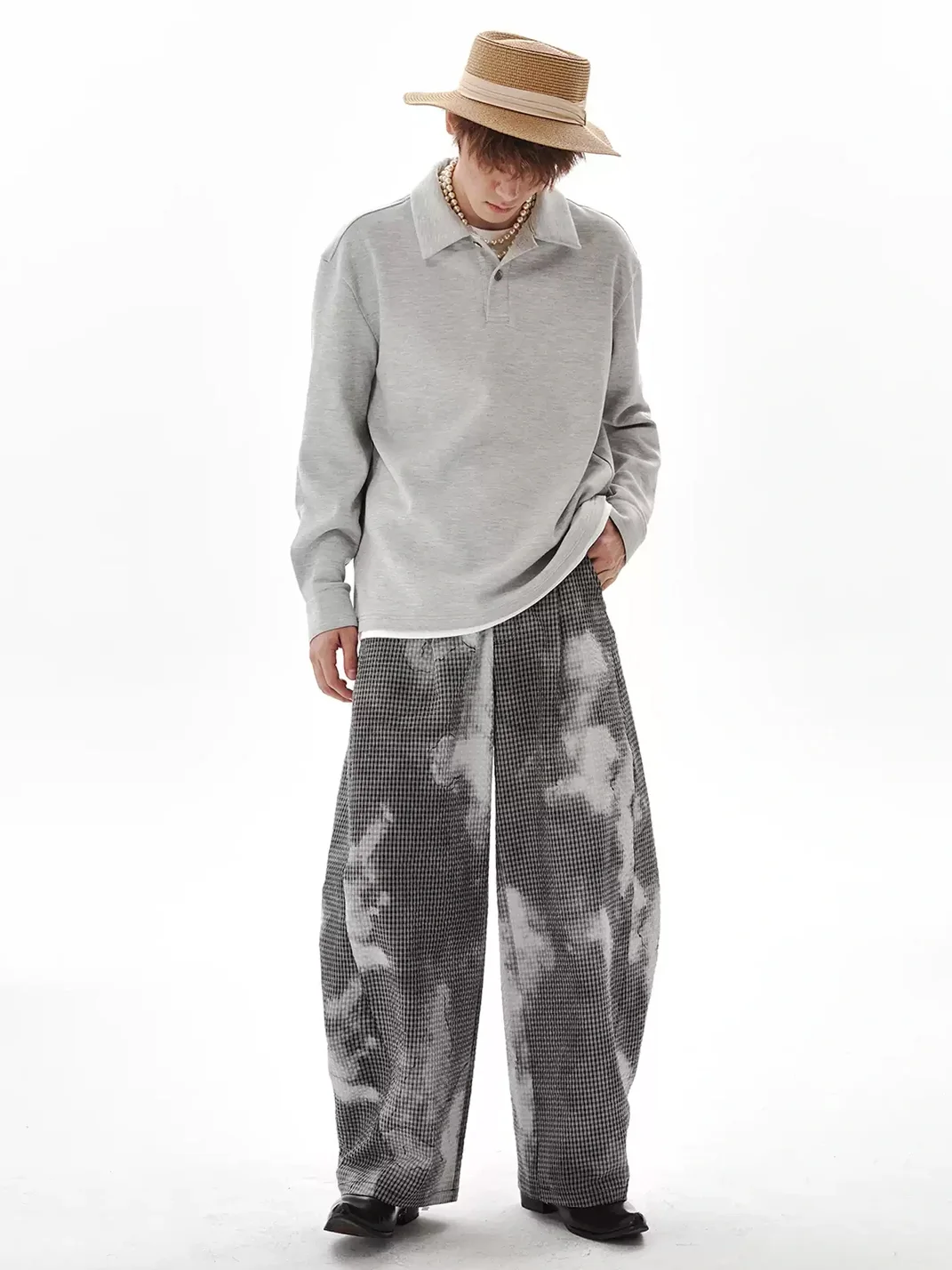 PasET | Plaid Curved Wide-Leg Casual Pants