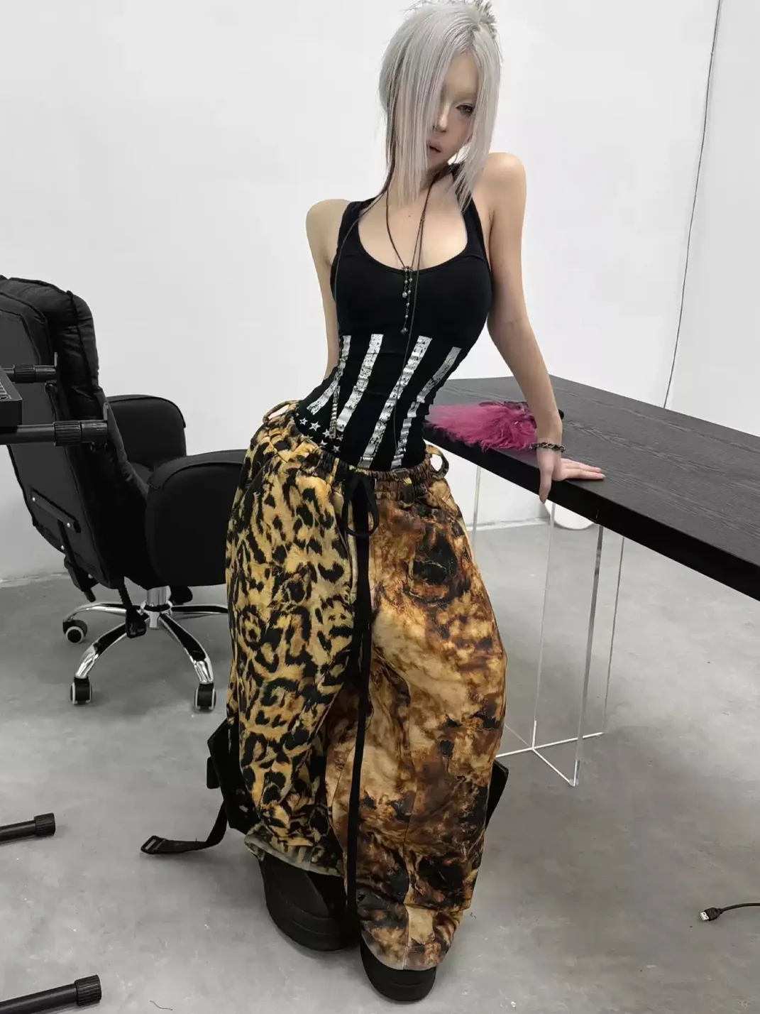 DARKRTPTS | Distressed Leopard Print Drawstring Wide Leg Sweatpants