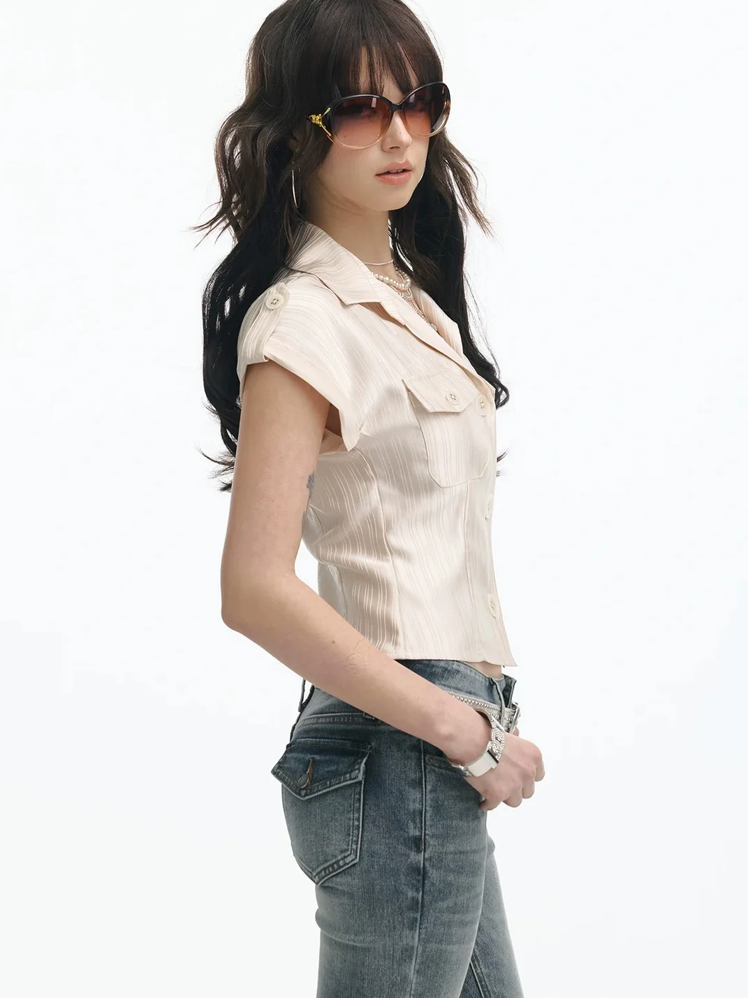 SereneEase | Cropped Satin Striped Pocket Shirt