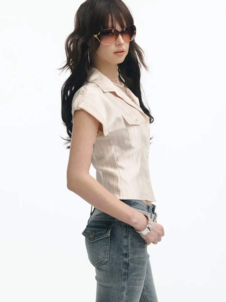 SereneEase | Cropped Satin Striped Pocket Shirt - 2