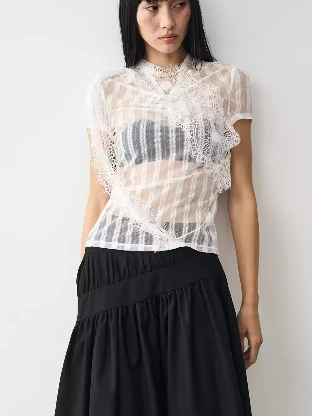 Popoop | White Lace Mesh Fitted Short-Sleeve Top