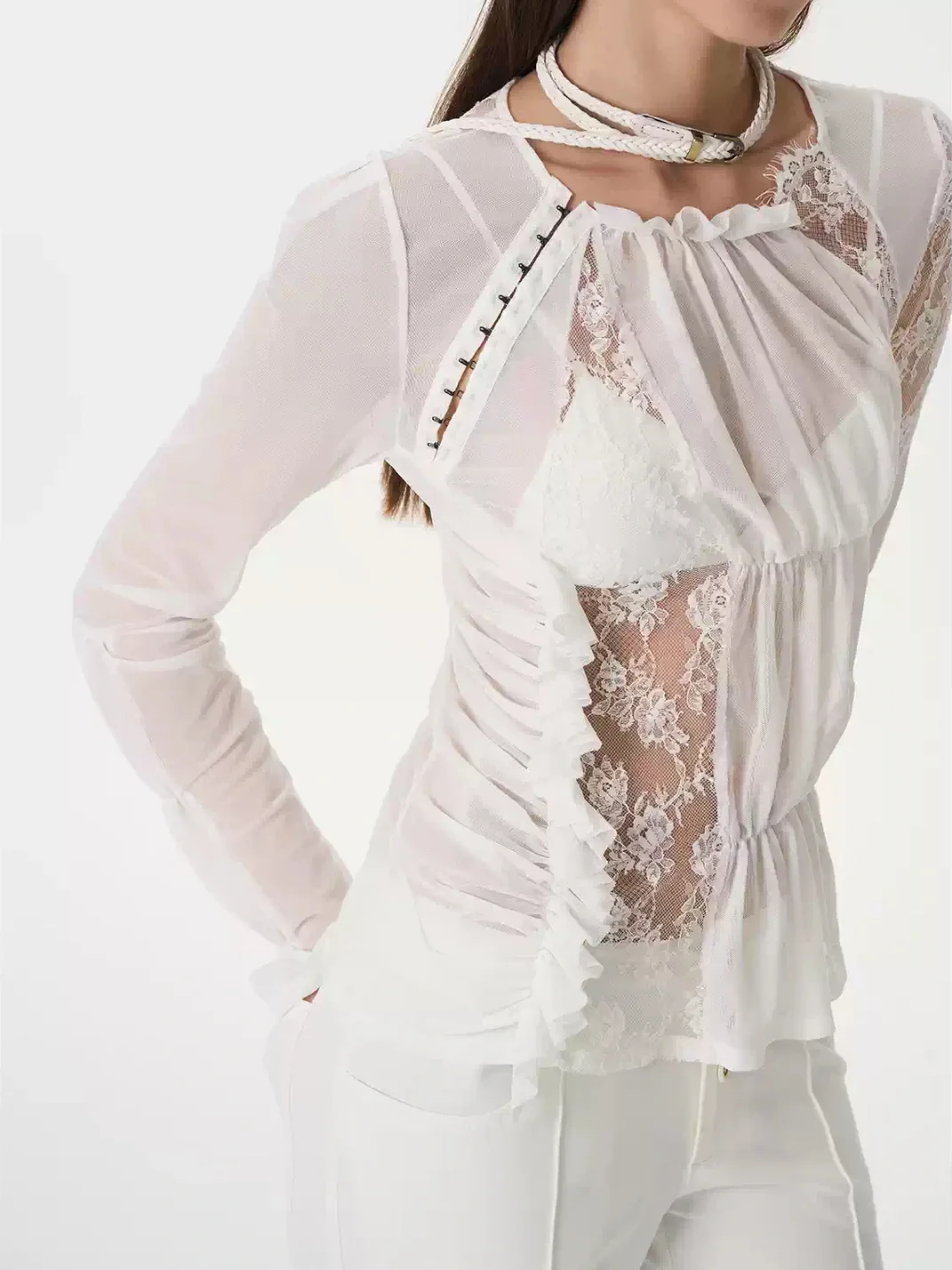 Popoop | Lace Mesh Ruched Hook Top