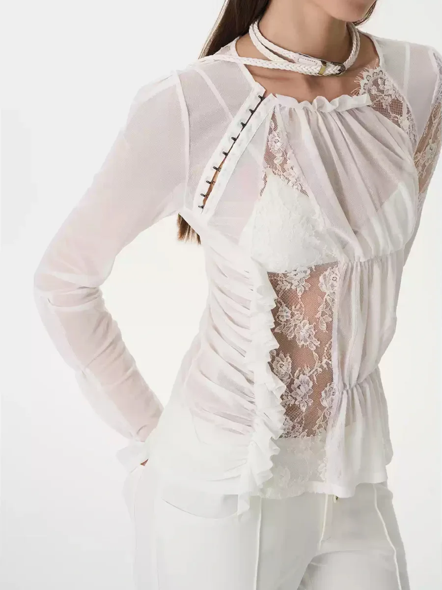 Popoop | Lace Mesh Ruched Hook Top - 2
