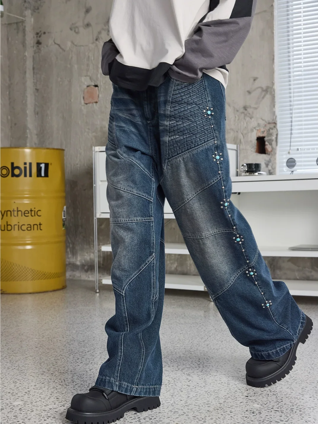 ERROR CODE robot | Turquoise Studded Loose Straight Leg Jeans