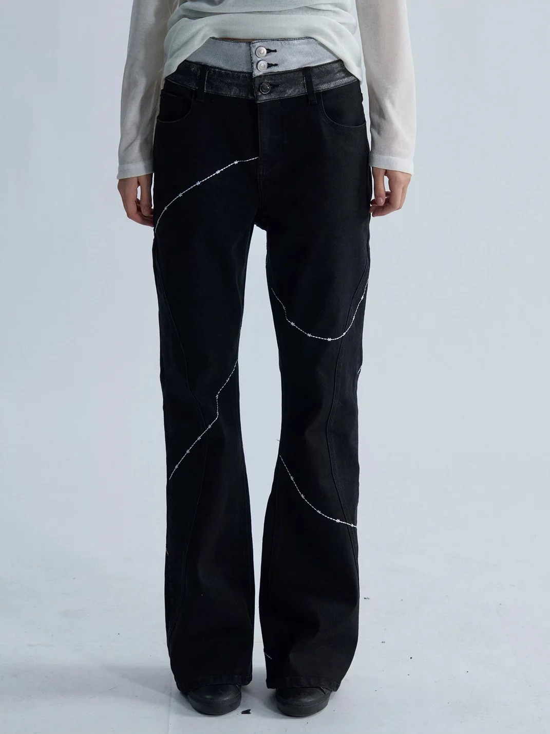 PAIKI | Double Waist Cross Stitch Flared Jeans