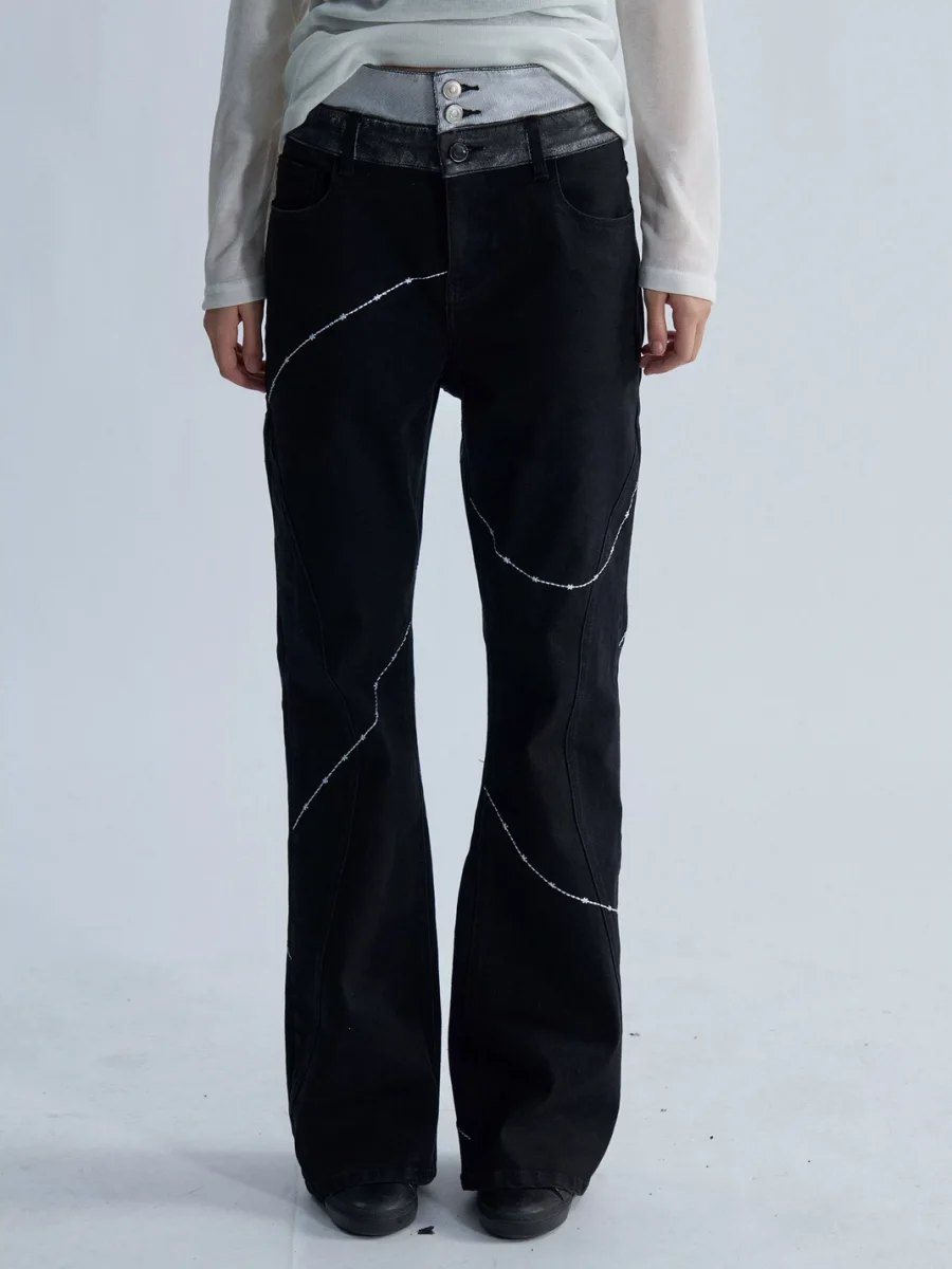 PAIKI | Double Waist Cross Stitch Flared Jeans - 3