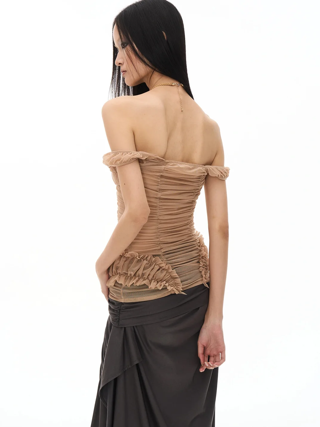 Popoop | Khaki Sheer Ruched One-Shoulder Tank Top