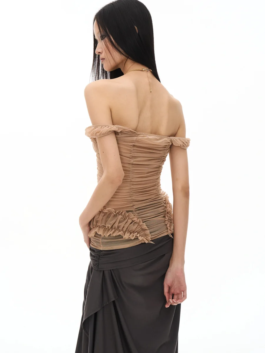 Popoop | Khaki Sheer Ruched One-Shoulder Tank Top - 4