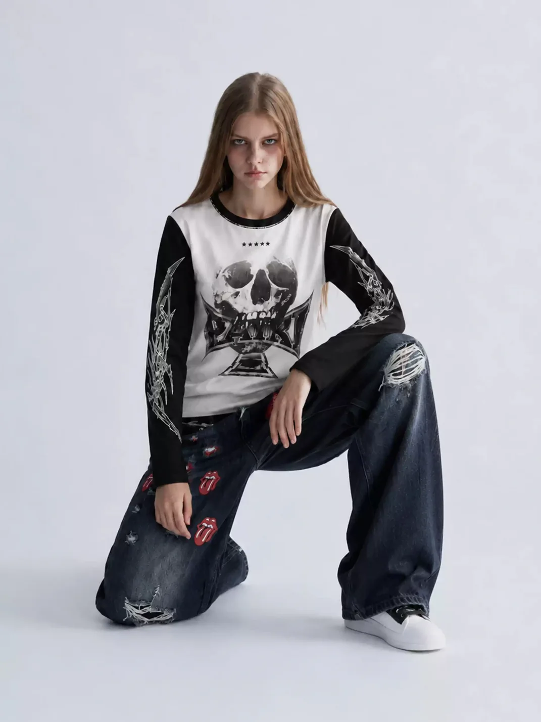 PAIKI | Skull Cross Colorblock Long Sleeve T-Shirt