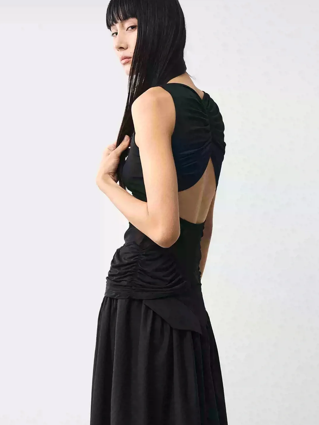 Popoop | Ruched Mesh Panel Backless Sleeveless Top