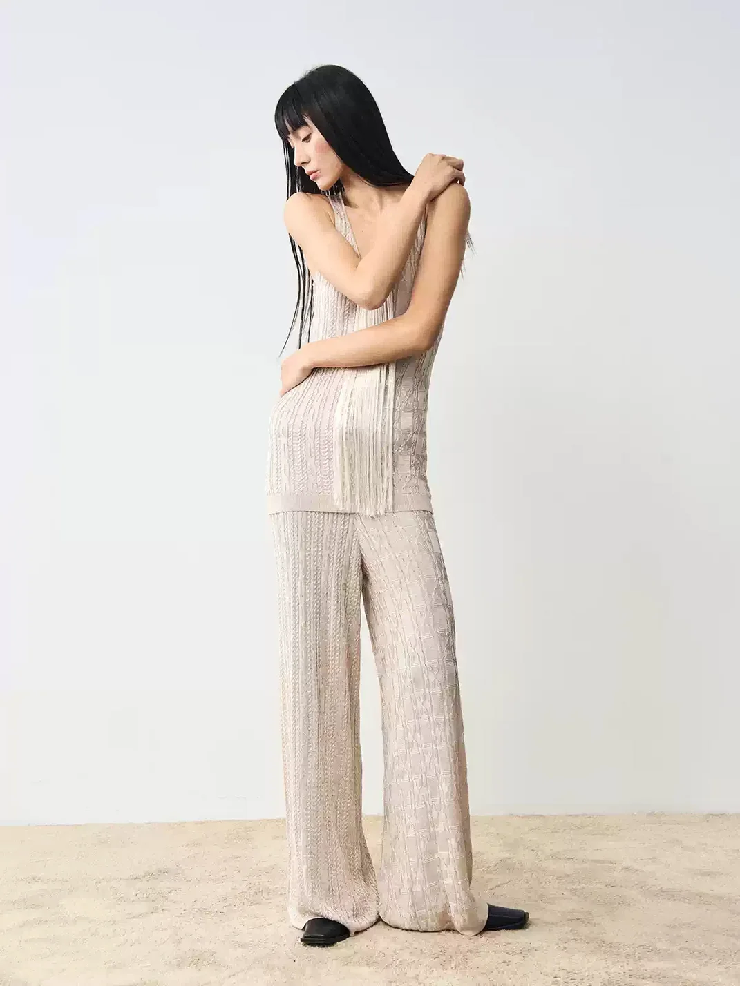 Popoop | Fringe Cable Knit Tank Wide-Leg Pants Set