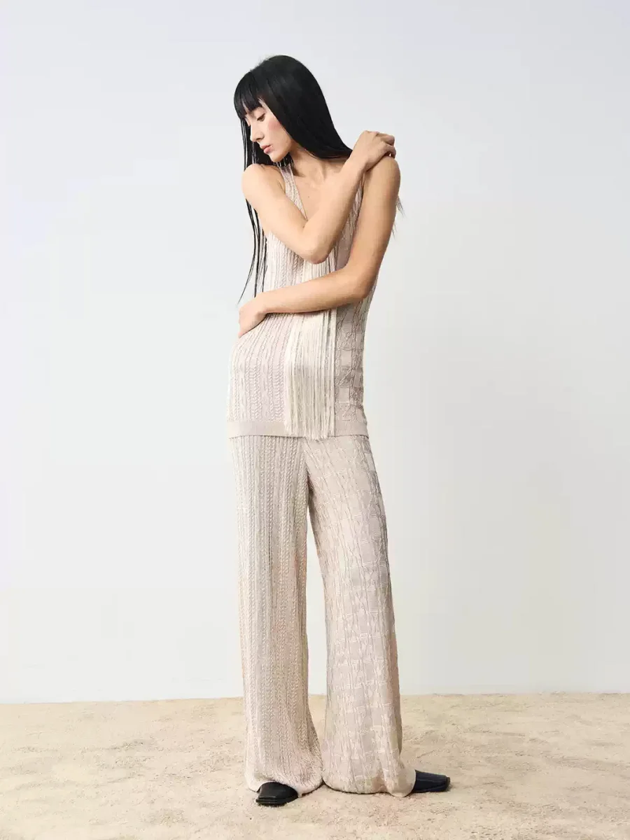 Popoop | Fringe Cable Knit Tank Wide-Leg Pants Set - 2