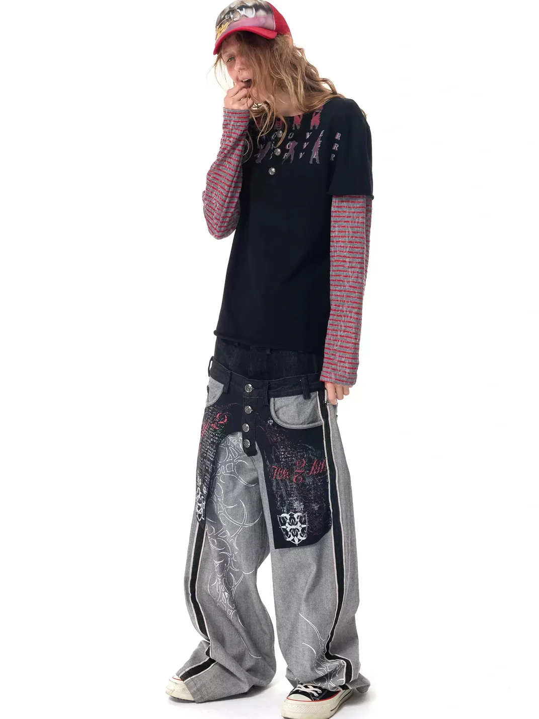 HAS2SONS | Double Waist Wide Leg Printed Selvedge Jeans