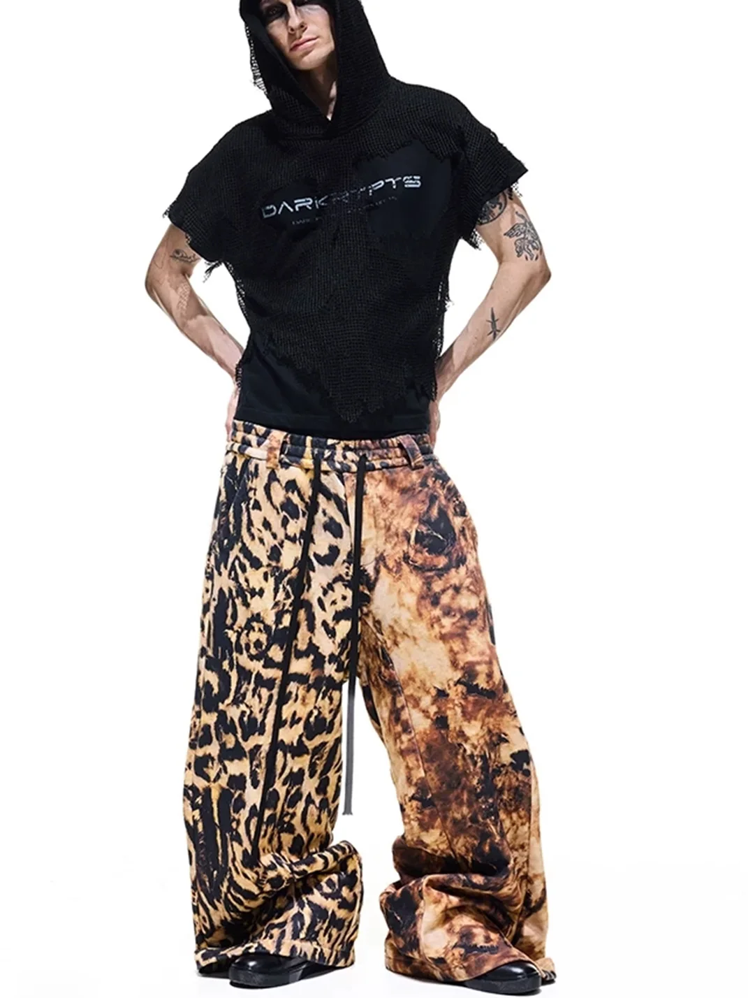 DARKRTPTS | Distressed Leopard Print Drawstring Wide Leg Sweatpants