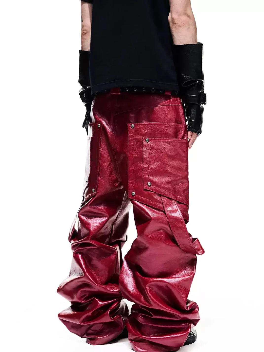 DARKRTPTS | Liquid Metal Coated Studded Wide-Leg Cargo Pants