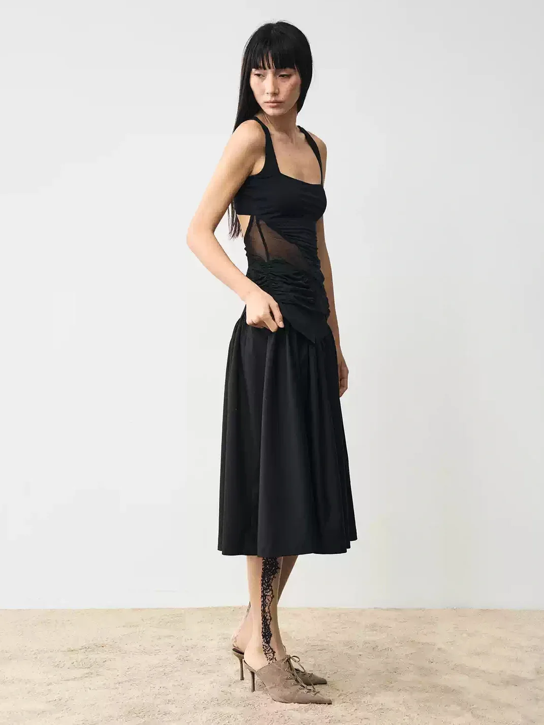 Popoop | Ruched Mesh Panel Backless Sleeveless Top