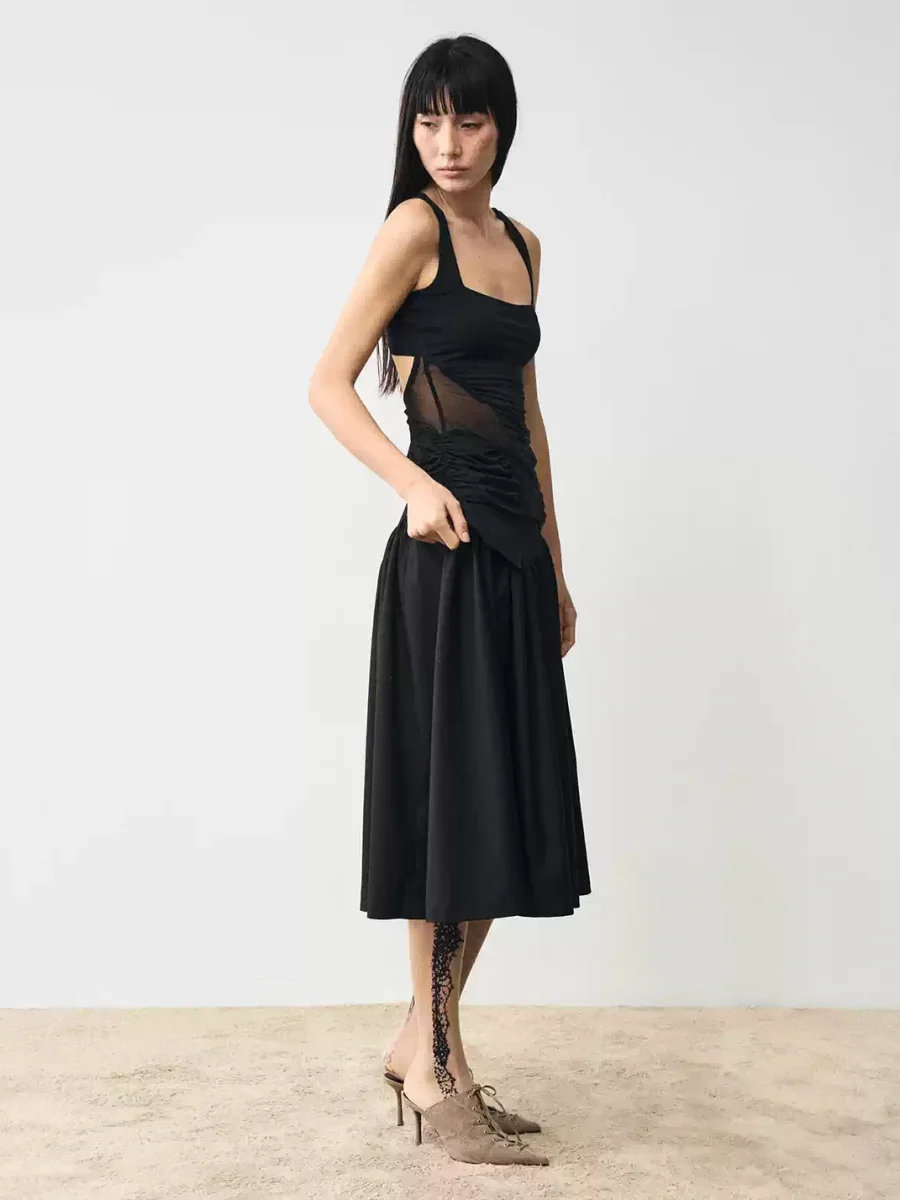Popoop | Ruched Mesh Panel Backless Sleeveless Top - 4