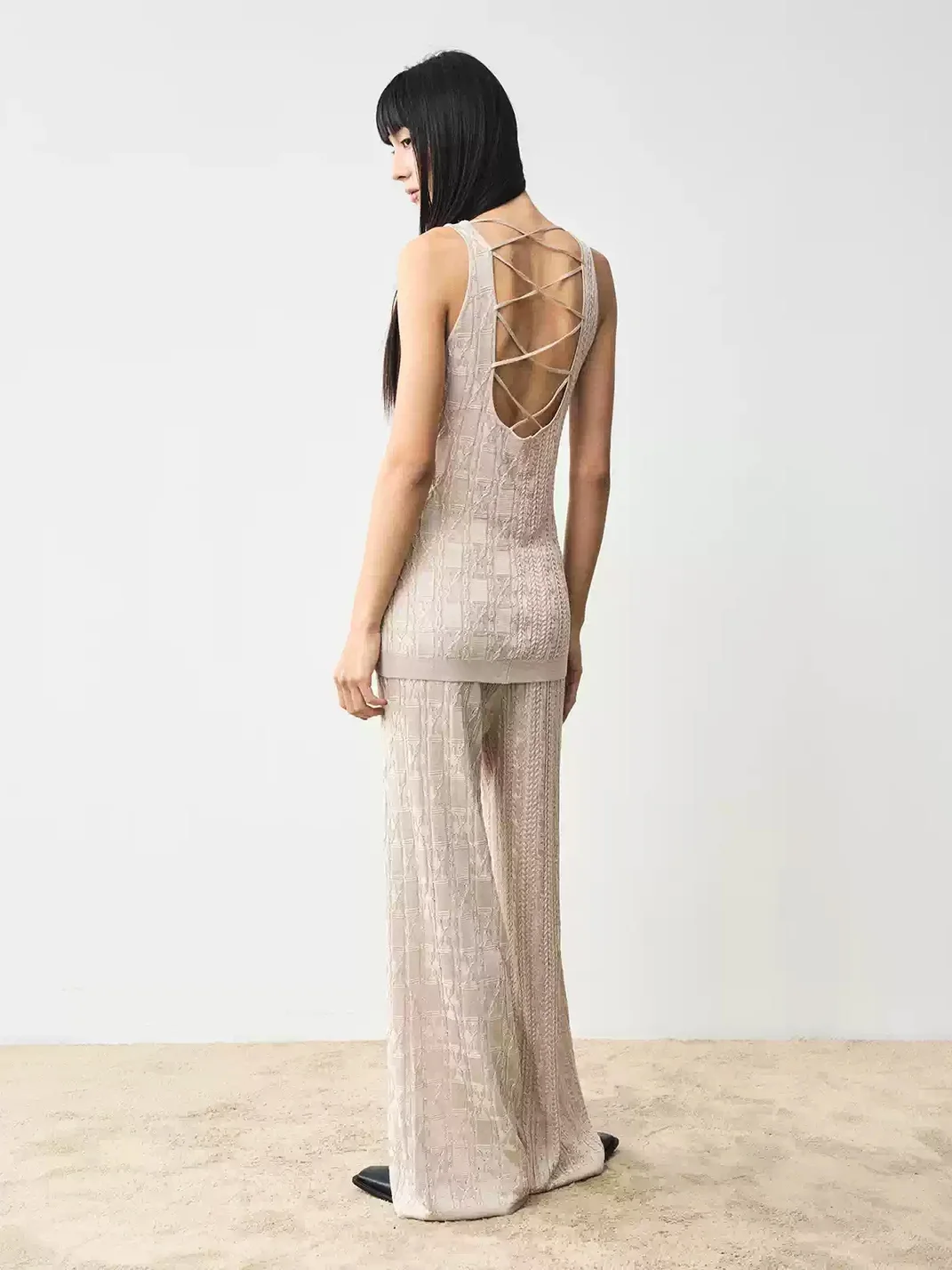 Popoop | Fringe Cable Knit Tank Wide-Leg Pants Set