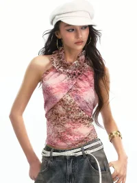 SereneEase | Pink Leopard Halter Top